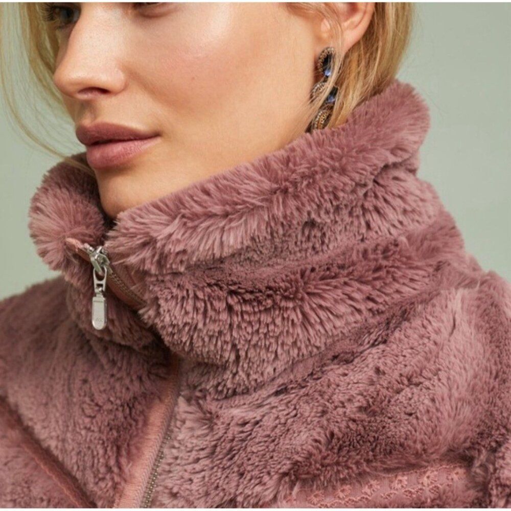Anthropologie Faux Fur Lace Chevron Bomber dusty mauve Pink Long Sleeve Jacket S - Picture 4 of 9